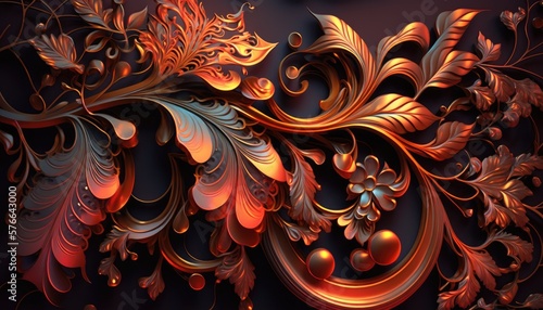Vermillion Abstract Metal Ornate Vine and Flower Pattern | Generative AI