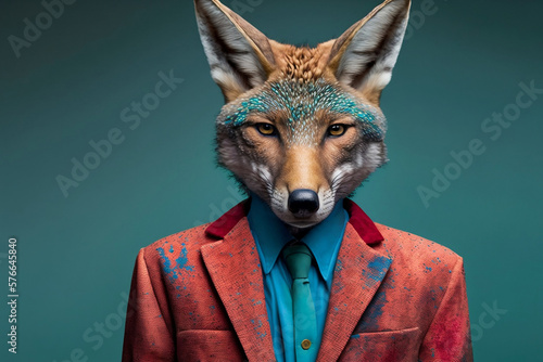Portrait of a Fox Dressed in a Colorful Suit, Creative Stock Image of Animals in Suit. Generative AI