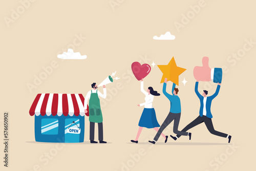 Customer loyalty or retention, marketing strategy for return customer, CRM to increase sale and satisfaction concept, store owner with megaphone tell loyalty customers with brand positive feedback.