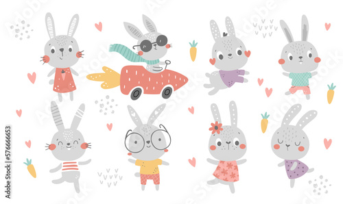 a vector set of cute spring bunnies