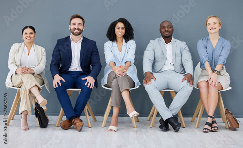 Business, portrait and people in row waiting for interview, meeting or opportunity together. Smile, diversity group sitting in line for hiring, recruitment or recruiting candidates of human resources