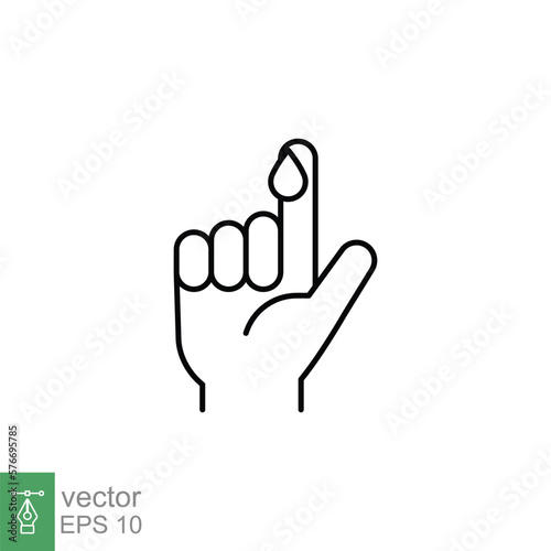 Blood on finger line icon. Vector people hand injured isolated symbol. Glucose, insulin test, diabetes concept. Simple outline style. Sign illustration on white background. EPS 10.