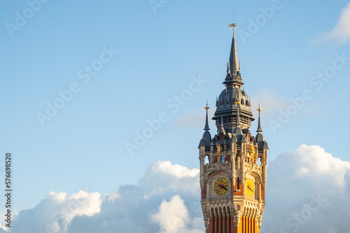 Belfry, clock tower at town hall in Calais, France