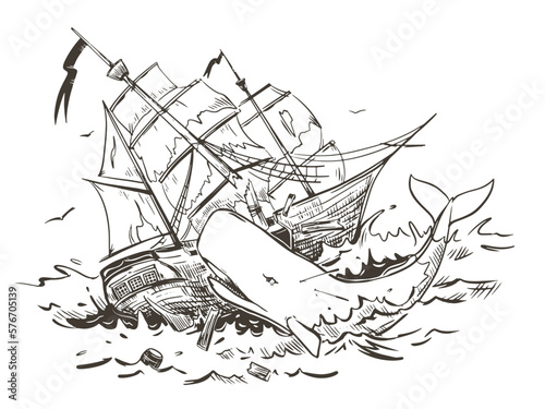 The white sperm whale attacks the ship. The mythical monster responsible for the shipwreck. Vector illustration in engraving style. Composition based on the legends of sailors.