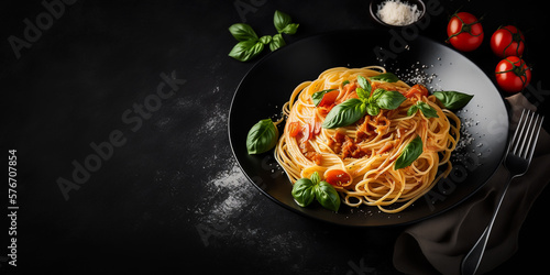 italian food. spaghetti pasta in black plate on dark background. generative AI
