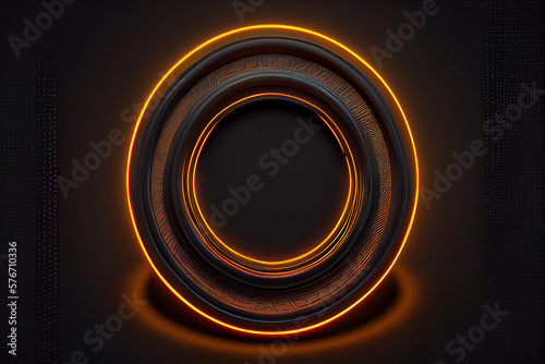 Abstract industrial realistic embossing volume cylinder texture, depressed circles black background, 3d geometric pattern. Round orange dot cyber backdrop. Digital futuristic techno wallpaper.