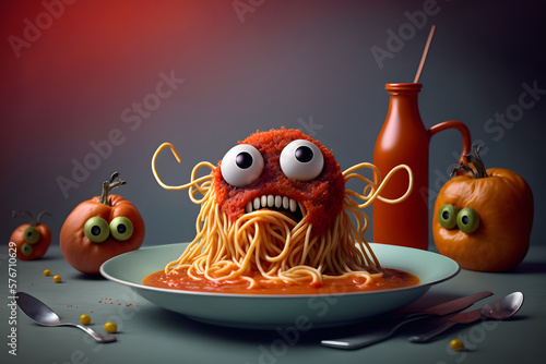The Spaghetti Monster, Food Art, 3D Illustration generativ ai 