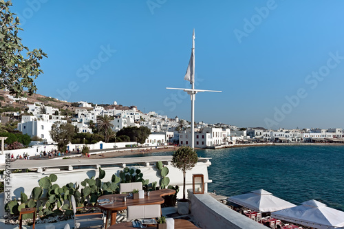 Terrace with the view to the port of Mykonos island, Greece