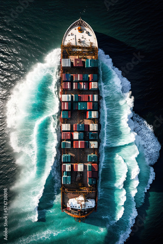 A Majestic Sight Witness the Beauty of an OceanTraveling Cargo Ship from Above. Generative AI