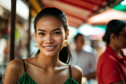 asian woman smiles shy, young thai or balinese or similar outdoor, in the background other local people or tourists, summer daylight. Generative AI