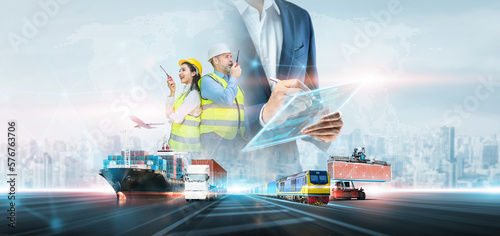 Business and technology digital future cargo logistics transportation import export concept, Engineer using radio communication working at industrial port, Container online checking control management