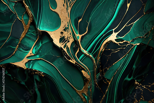 marble background of emerald green color with gold trim or gold threads, decorative background for elegance and luxury design created with Generative AI technology