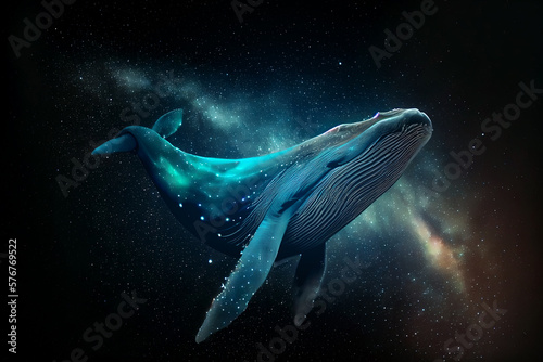 Beautiful heavenly whale at universe full of stars on black background. Digitally generated AI image