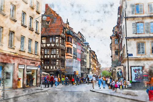Watercolor drawing picture city view of Strasbourg , beautiful landmark at France.