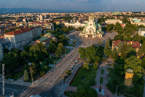 Aerial panorama of the city center and Church Alexander Nevsky, Sofia Bulgaria