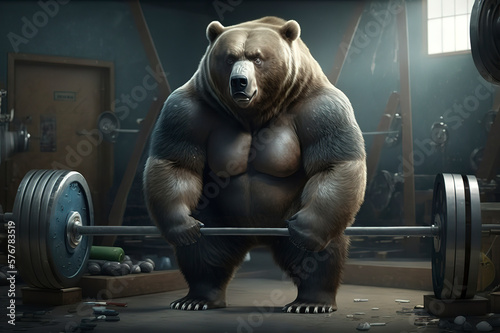Bear man does physical exercise with heavy weights in the gym. Superhuman strength. Bodybuilder trains muscles. Generative art.