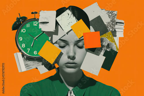 Young woman with chaos around her head from documents and watches, the concept of time management, chronic fatigue and overwork, contemporary art collage, modern design, Generative AI