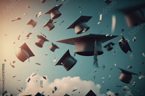 many graduation caps thrown into the air with sky background. evening light. Ceremony graduation day. Ai generative