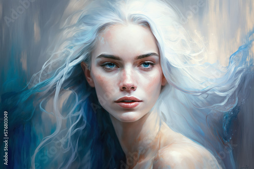 Abstract portrait of a young woman with flowing blue hair and piercing blue eyes, dressed in a sheer, ethereal white gown, generative ai