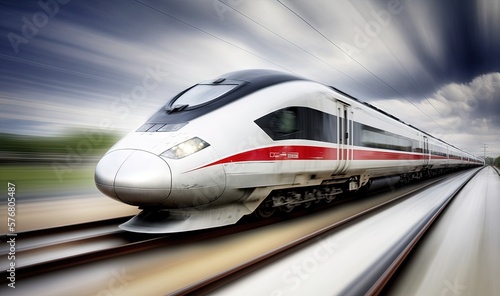  a high speed passenger train speeding down the tracks with motion blurry behind it and a blue sky with white clouds and a red stripe. generative ai