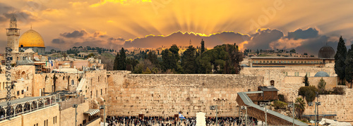 Panorama. Ruins of Western Wall of ancient Temple Mount is a major Jewish sacred place and one of the most famous public domain places in the world, Jerusalem