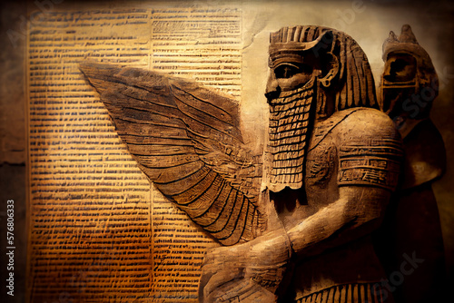 Ancient Sumerian text superimposed on papyrus texture and a winged statue of Lamassu, mythical Assyrian deity. Historical background on theme of Assyria, Mesopotamia, Babylon. Foreground sharpness.