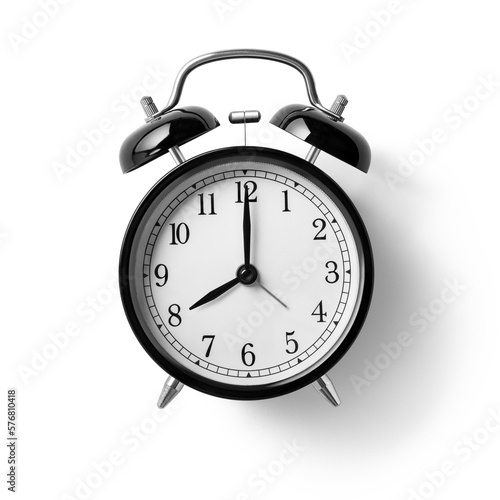 Black Twin Bell Alarm Clock analog classic vintage retro style, isolated on a transparent background, PNG. High resolution. 