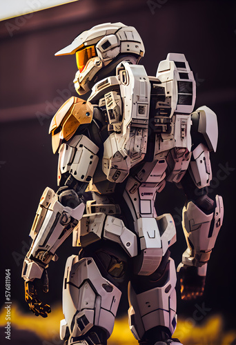 Full body halo spartan wearing white spacex mech suit generative ai