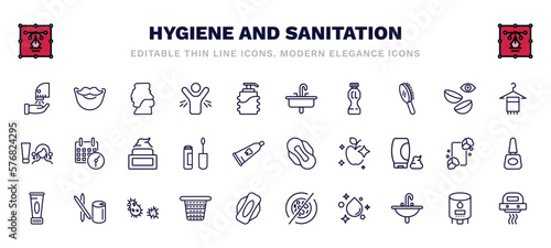 set of hygiene and sanitation thin line icons. hygiene and sanitation outline icons such as dryer, body shaming, washbasin, face towel, face cream, sanitary napkin, body cream, laundry basket,