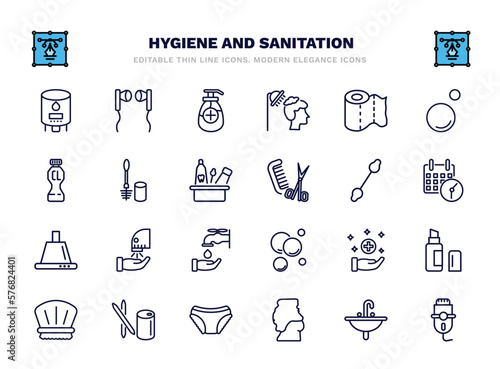 set of hygiene and sanitation thin line icons. hygiene and sanitation outline icons such as water heater, antiseptic, paper towel, toilet brush, cotton swab, dryer, sanitary, toothpick, body