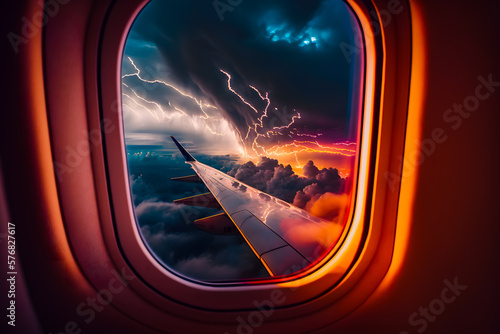 View from the window of an airplane during turbulent thunderstorm storm outside, lightning strikes on the wing. Generative AI.