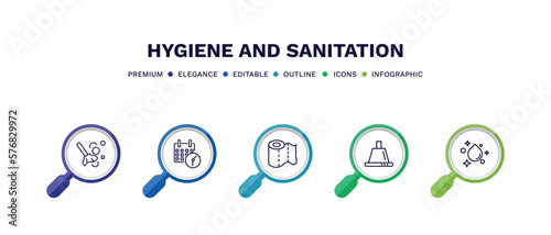 set of hygiene and sanitation thin line icons. hygiene and sanitation outline icons with infographic template. linear icons such as dust cleaning, appointment book, paper towel, extractor, purity