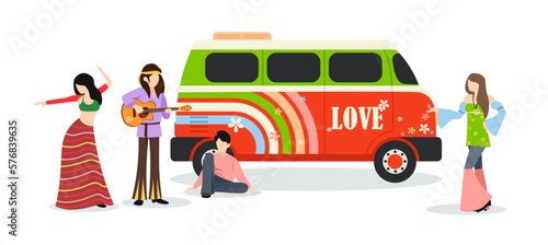 Vector illustration of the hippie subculture on a white background. Charming characters boys and girls near the bus in hippie clothes, playing on the guitar, traveling in a cartoon style.