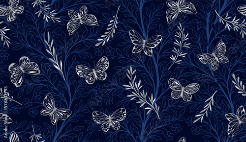 Beautiful floral seamless pattern. Repeating silver ornament with butterflies, leaves and plant branches. Design element for wallpaper and print on fabric or textile. Cartoon flat vector illustration