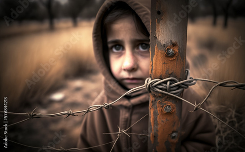 Refugee Girl behind a rusted Barb wire fence, worn clothes and looking sad. Concept of refugees, war and migration. Shallow focus. Illustrative Generative AI. Not a real person.