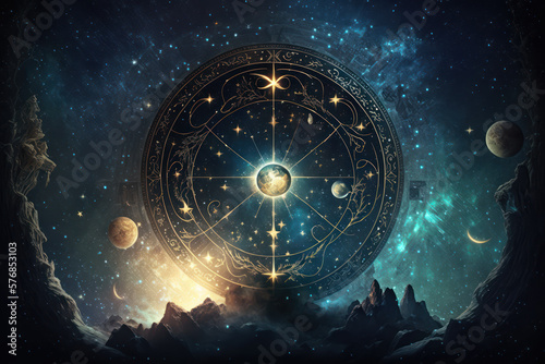Zodiac symbols and sacred temple backdrop, astrology, alchemy, magic, sorcery and crystals enigmatic structure.