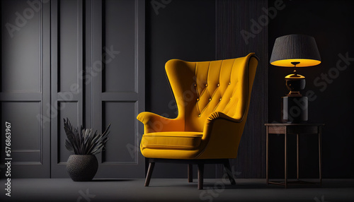 room with yellow armchair on black background made with generative AI