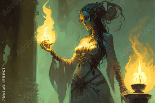 Evil Fantasy Priestess, Casting Magic, Ritual, Character Concept, Digital Illustration, Generative AI