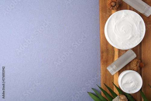 Jars of cream, shampoo samples, stone and green leaf on light blue background, top view. Space for text