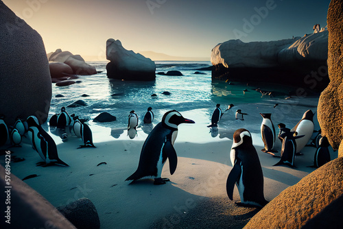 Penguins on the beach Tropical island travel summer holiday vacation idea concept, image ai generate