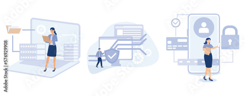 Cloud computing network safety, Database data protection, cyber security software, information storage service, access policy, antivirus, set flat vector modern illustration