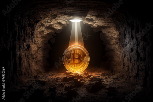 Golden bitcoin mining in deep mine cave, Generative AI.