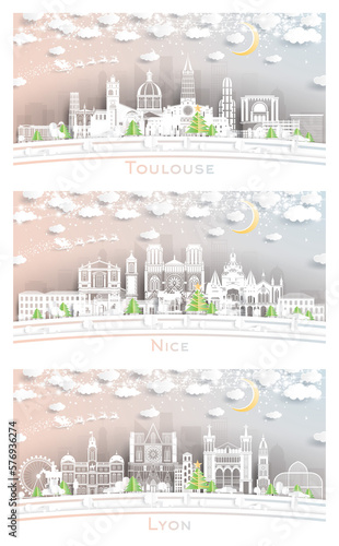 Nice, Lyon and Toulouse France City Skyline Set in Paper Cut Style.