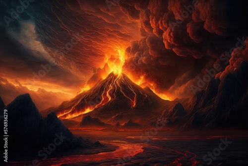 Infernal underworld of brimstone and fire, dramatic volcano eruptions, eternally burning magma, inferno of flowing lava rivers, searing hot apocalyptic wasteland hell, ash firestorms - generative ai 