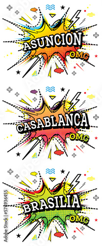 Casablanca, Brasilia and Asuncion Comic Text in Pop Art Style Isolated on White Background.
