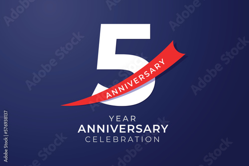 5th anniversary celebration with white number and red ribbon illustration 