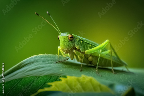 Closeup of green grasshopper cricket eating and destroying leaves, natural green background. generative ai 
