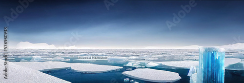 A panoramic view of arctic icebergs floating in Antarctica, they melt due to climate change and pollution. 3D illustration and digital painting.