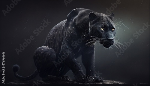 Majestic black panther hunting in the rain. photorealistic generative art
