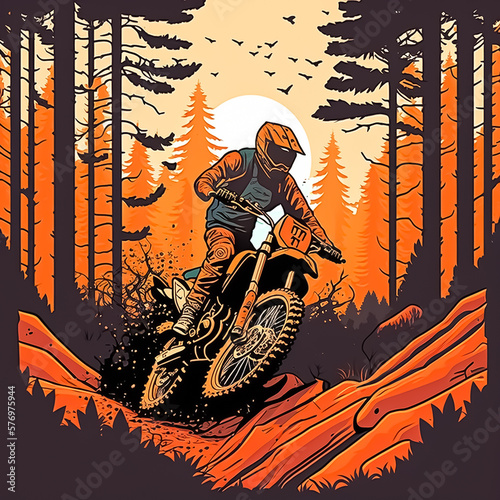 a person riding a orange motorcycle Motocross Dirt Bike in the forest cartoon Extreme Sports in Nature. Created with Generative AI technology.